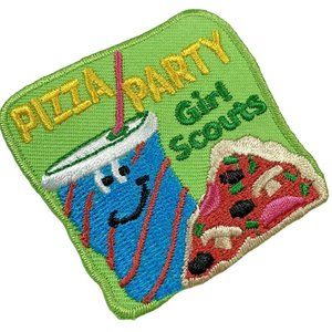 Girl Scouts Pizza Party Junior Iron-on Patch Badge Square Green Blue Soda New